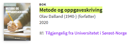 Skjermbilde av boka "Metode og oppgaveskriving" av Olav Dalland fra Oria